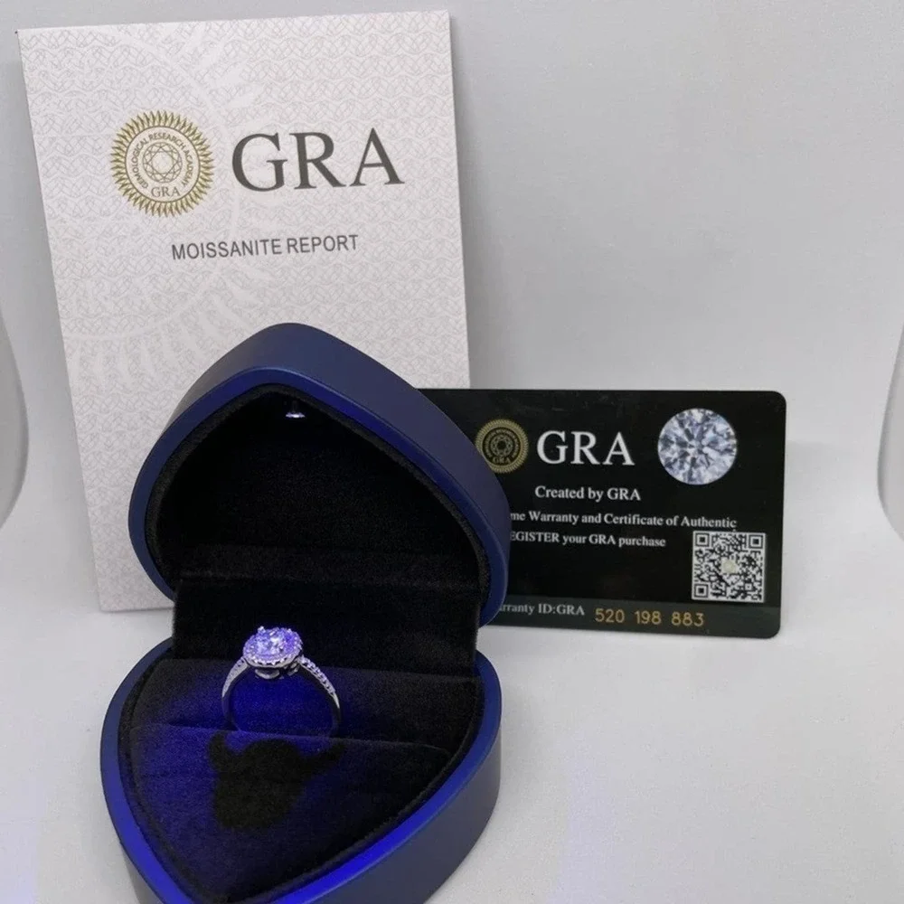Moissanite Diamond Ring GRA Certified Halo 1 Ct Round Cut Size 7